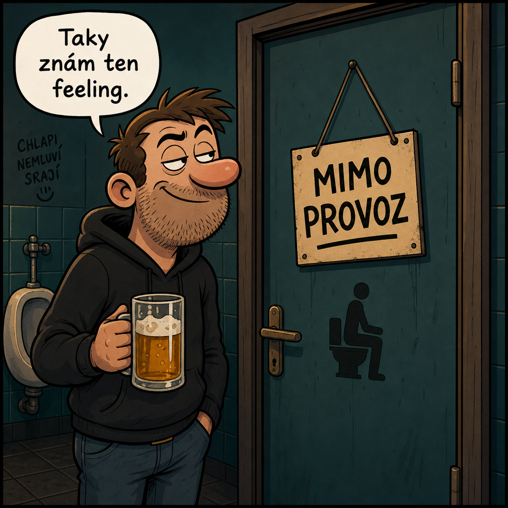 Komiks: chlap v hospodském záchodě u dveří mimo provoz