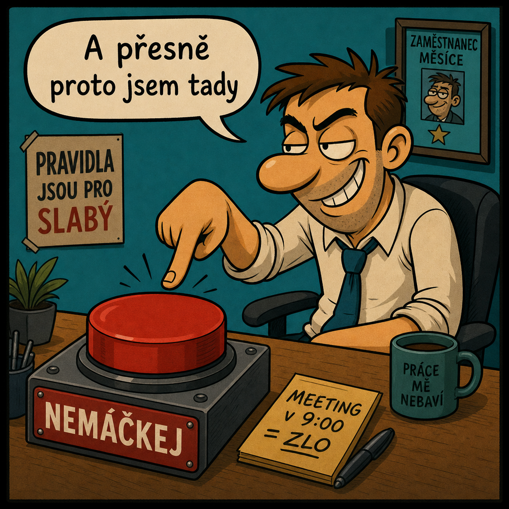 Komiks: úředník u velkého červeného tlačítka Nemáčkej