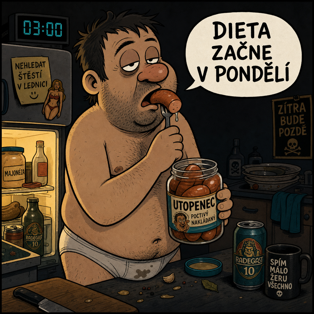 Komiks: chlap ve spodním prádle jí utopence o třetí ráno